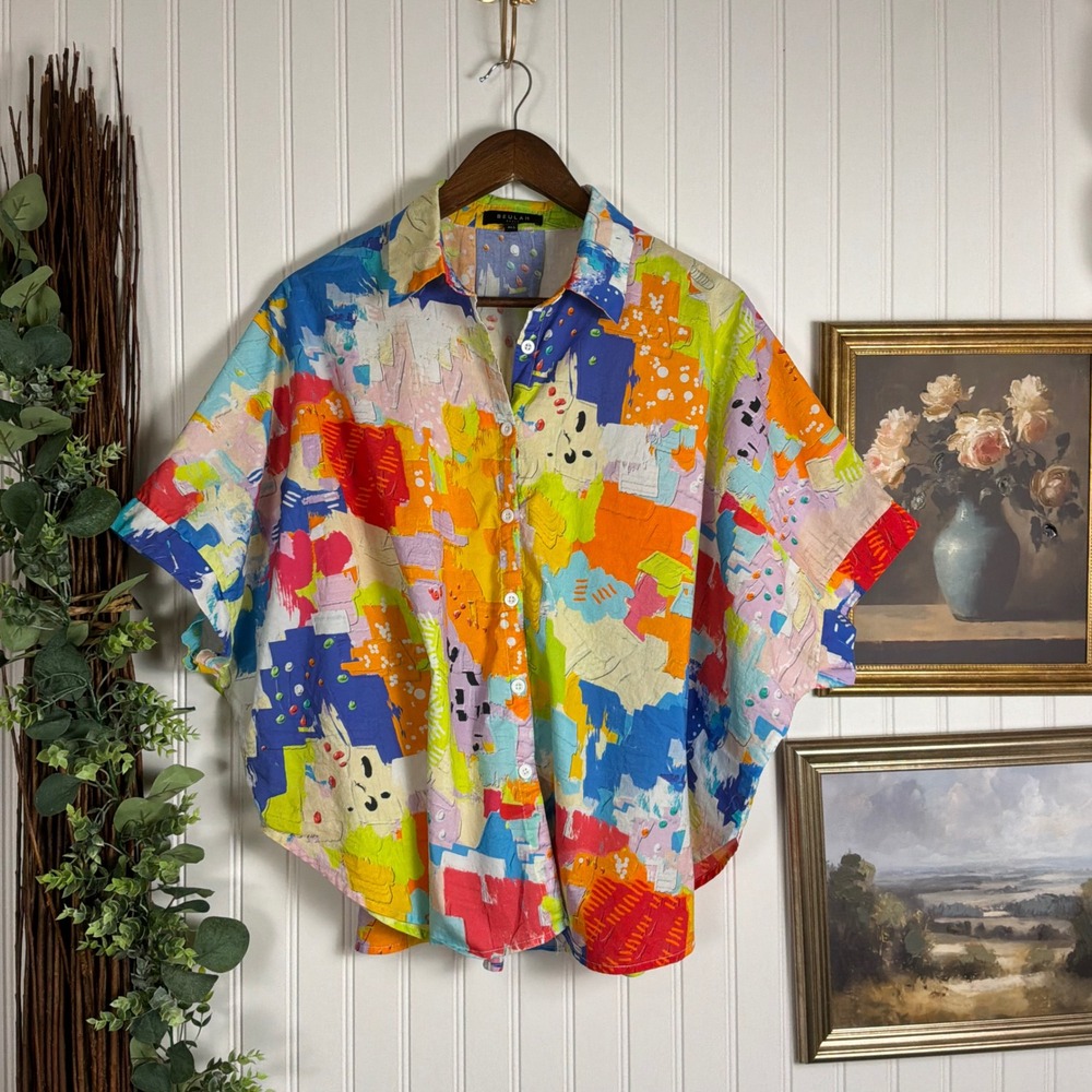 Beulah Style Button Down Shirt Womens One Size Multicolor Excellent Abstract Art